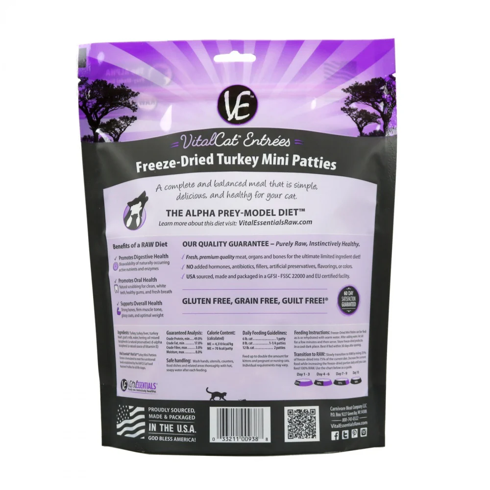 Vital Essentials Freeze Dried Grain Free Turkey Mini Patties Limited Ingredient Entree for Cats - Image 3